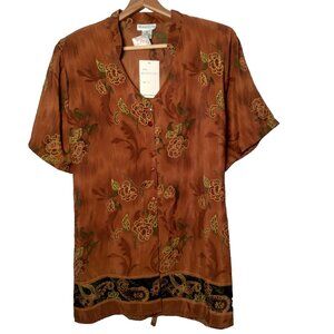 Momentum Blouse Plus Size 2X Brown Floral Button Tie Back Vintage 90s NOS Fairy